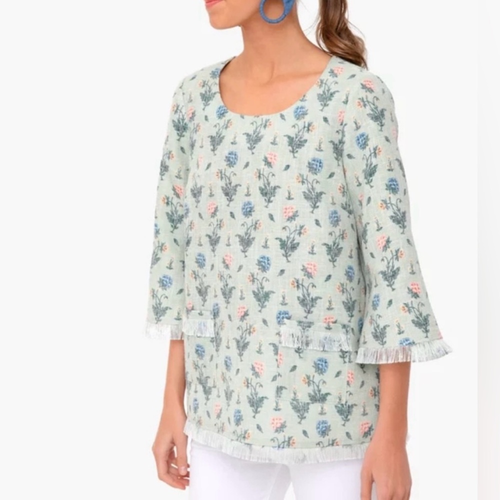Tuckernuck Jardin Floral Fringe Tunic Top Woven Pastel 3/4 Sleeve Cottage core M